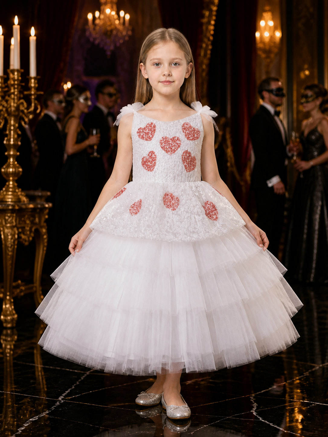 Toddler Girls' Princess Dress, White Layered Tulle Gown With Heart Sequins Costume Dresses detail