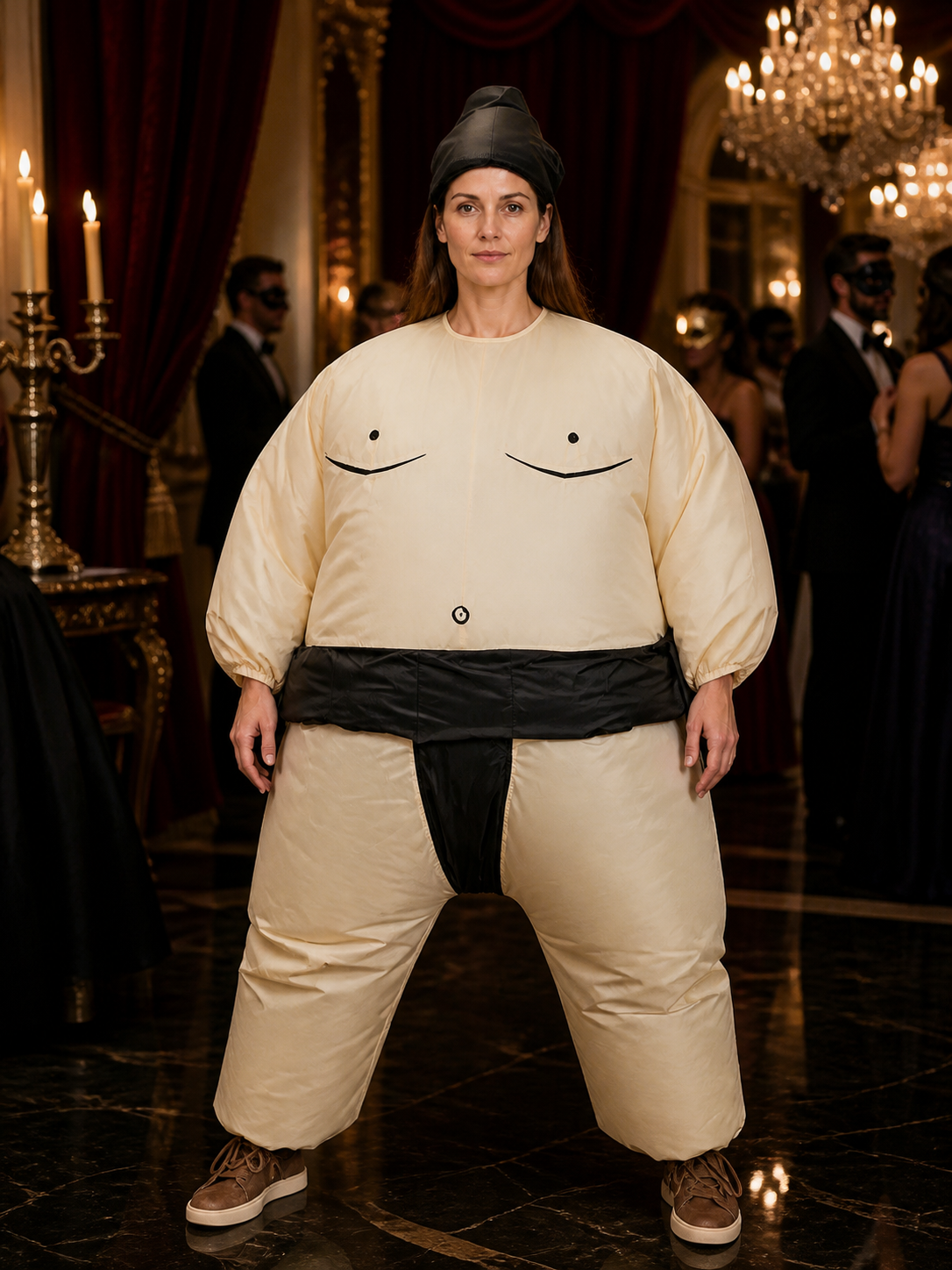 Inflatable Sumo Costume Set with Black Headgear, One Size Halloween Outfit Costumes detail