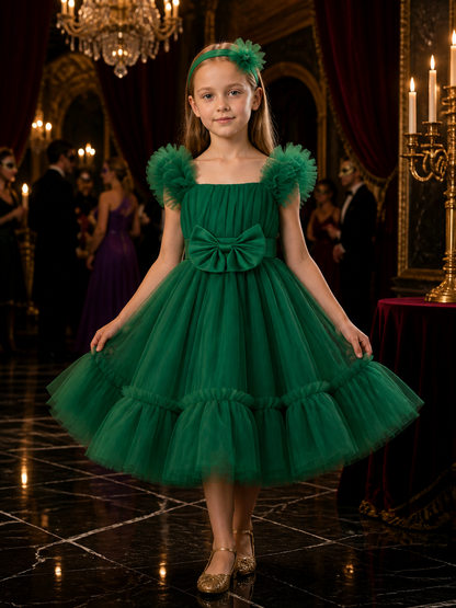 Girls' Green Princess Dress with Puff Sleeves, Layered Tulle Skirt and Bow Costume Dresses detail