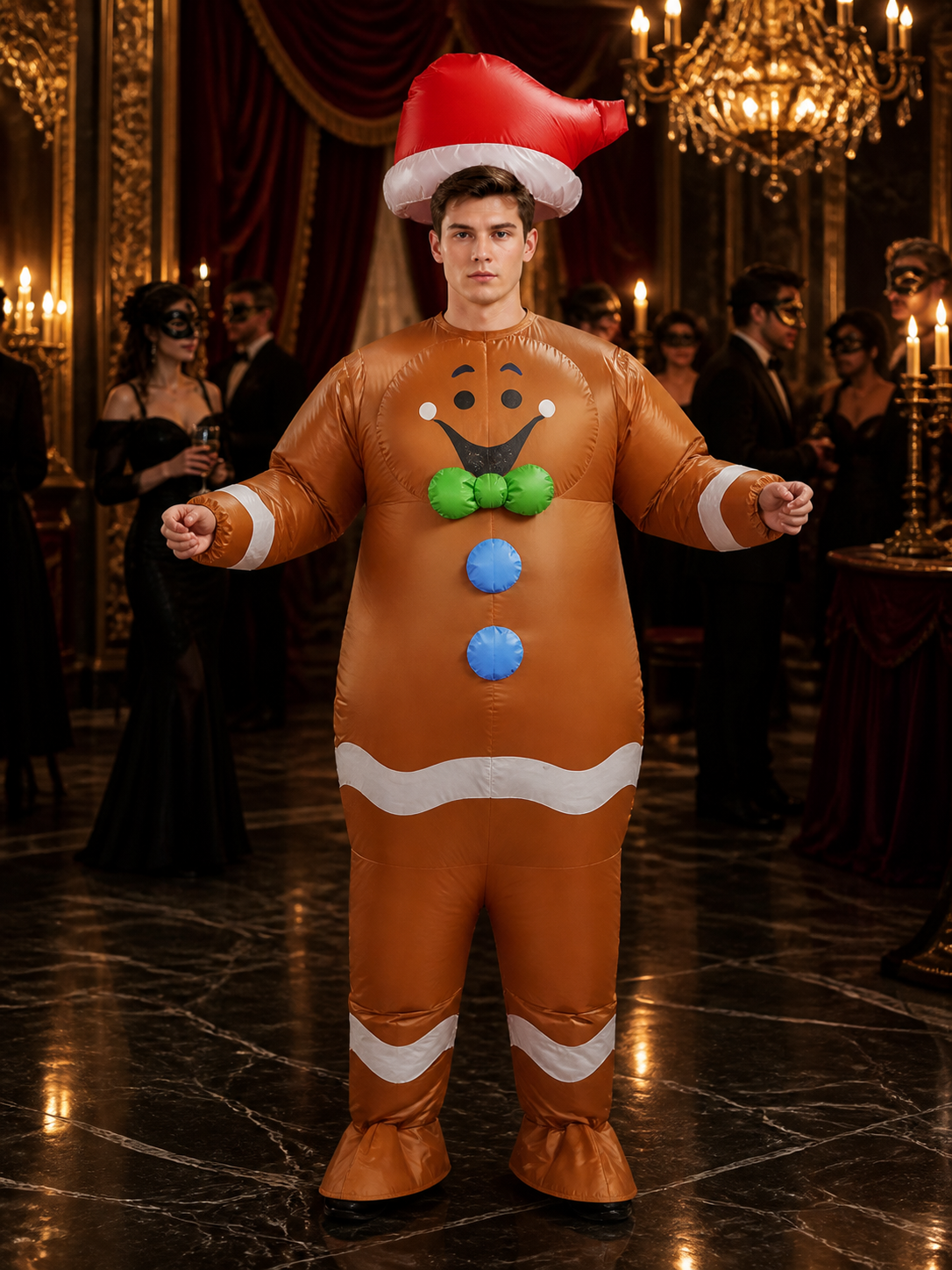 Gingerbread Man Inflatable Costume, Red Hat and Green Bow Tie, White Trim Costume Headwear detail
