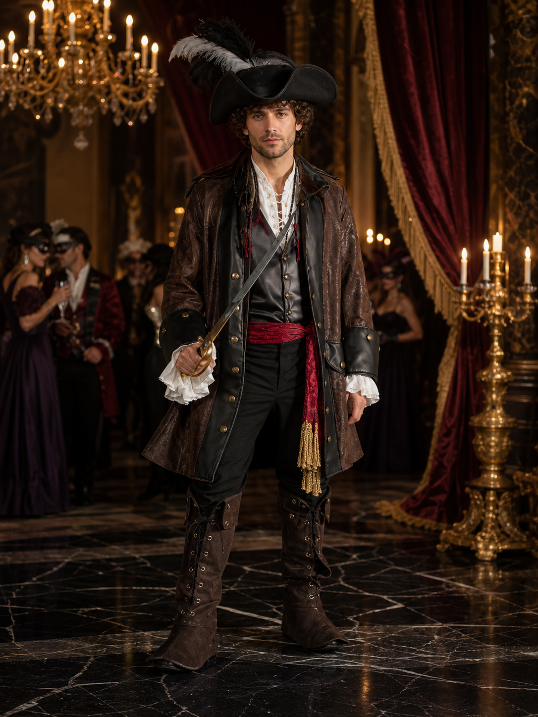 Adult Pirate Costume Set with Tricorn Hat, Long Coat, Belt and Boot Covers Costume Headwear detail