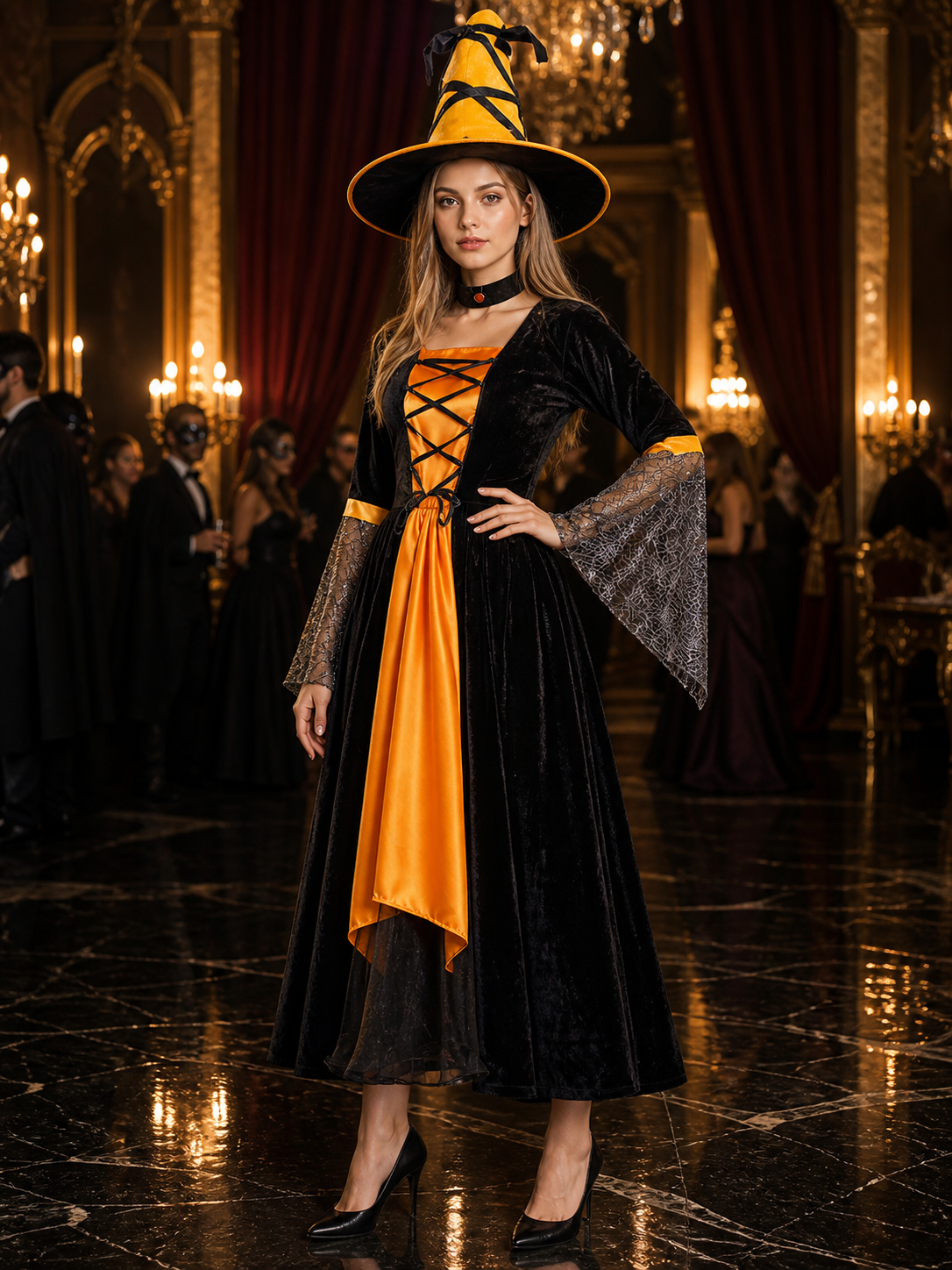 Women's Sexy Witch Costume Set with Hat and Sleeves, Black Orange Long Dress Costume Dresses detail