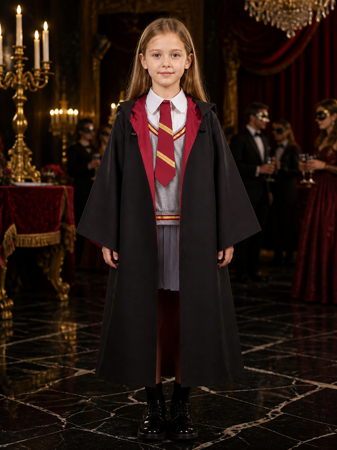 Kids Wizard Robe Costume, Hooded Cape with Red and Gold Stripe Tie, Halloween