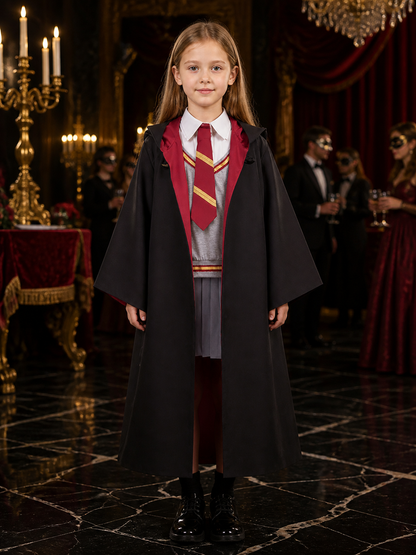 Kids Wizard Robe Costume, Hooded Cape with Red and Gold Stripe Tie, Halloween