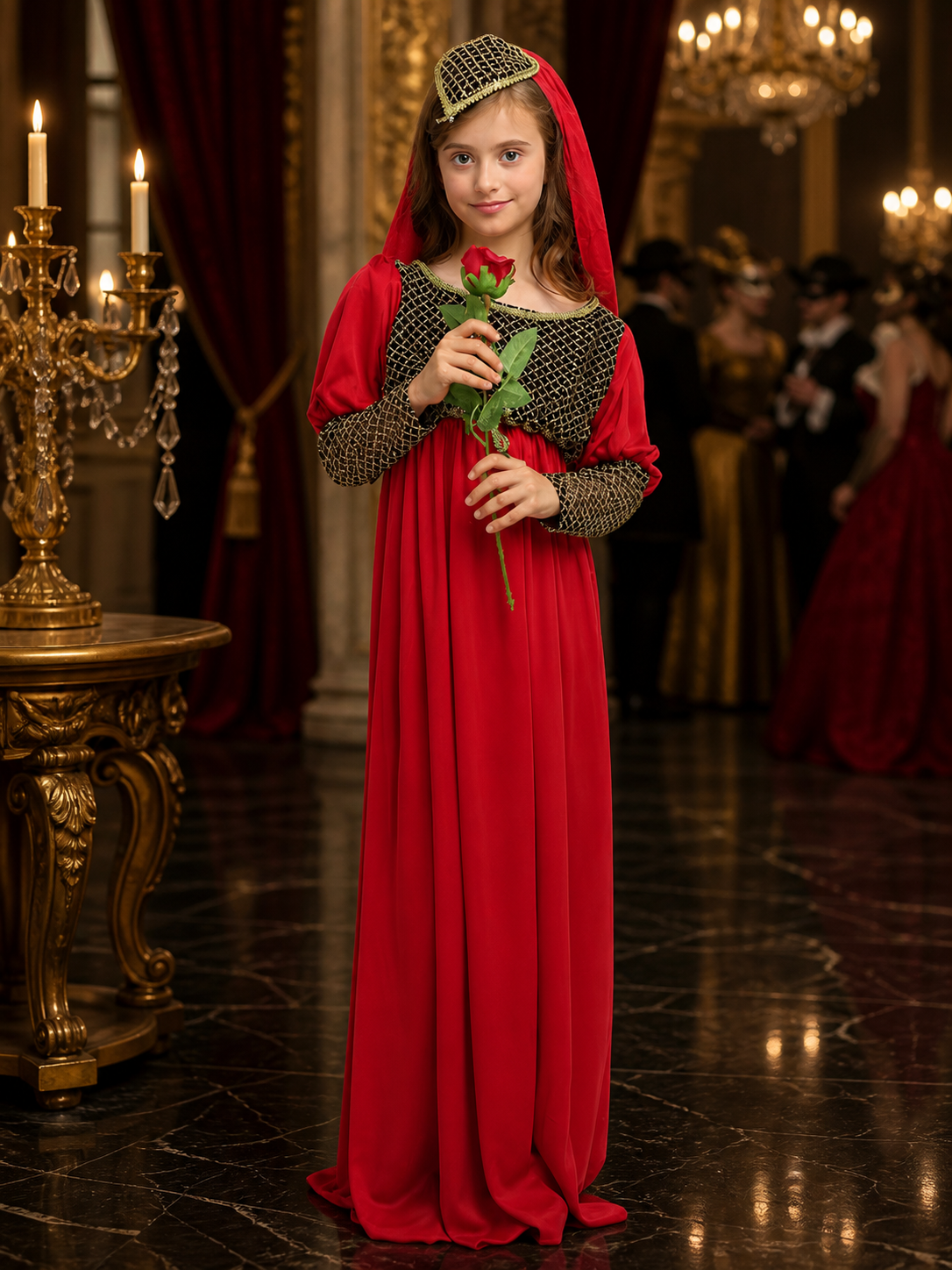 Red Princess Costume Dress with Black Gold Pattern and Headpiece, Long Sleeve