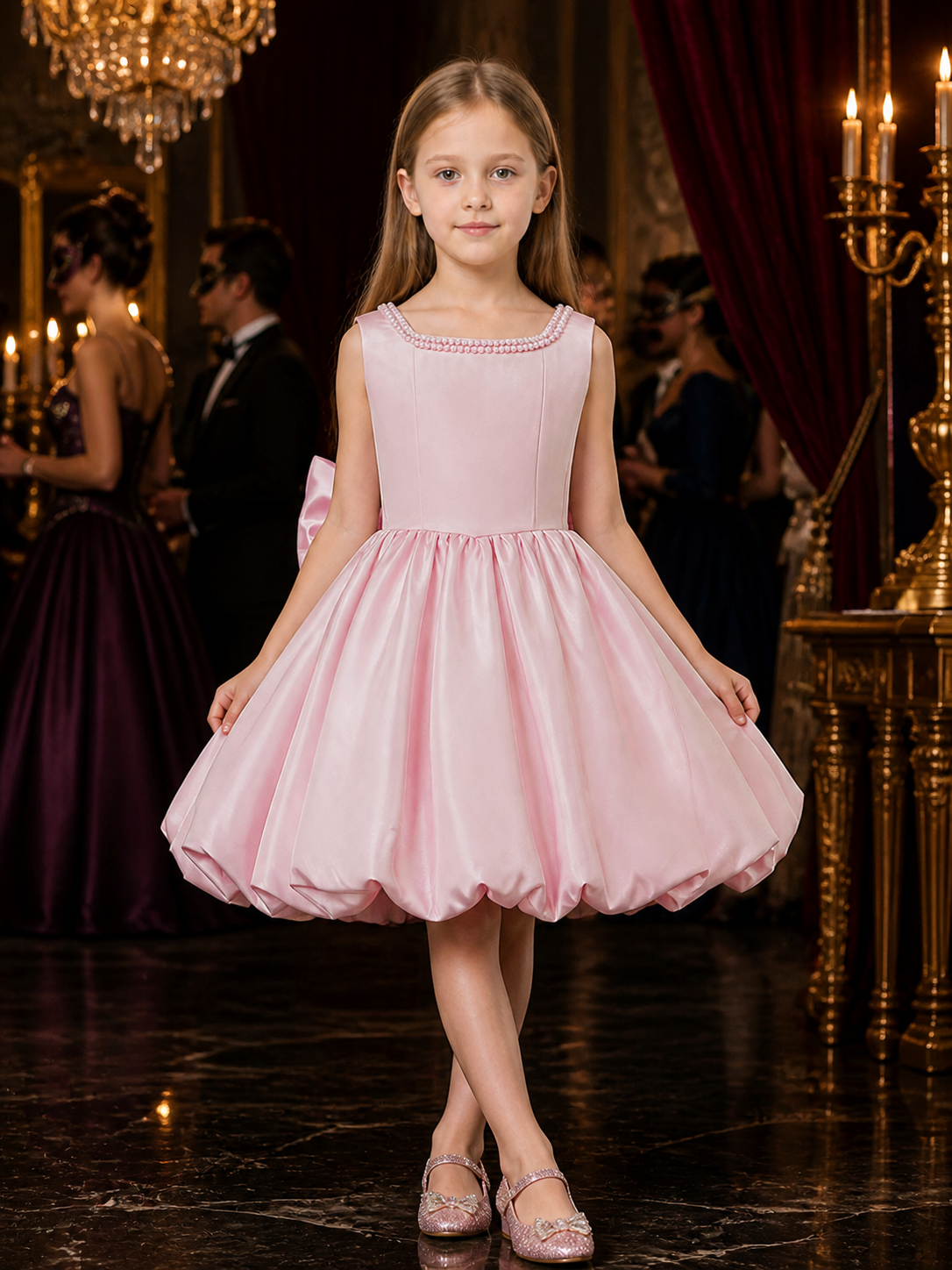 Girls' Pink Princess Dress, Sleeveless Pearl Neckline and Bow Back, Pleated Full Costume Dresses detail