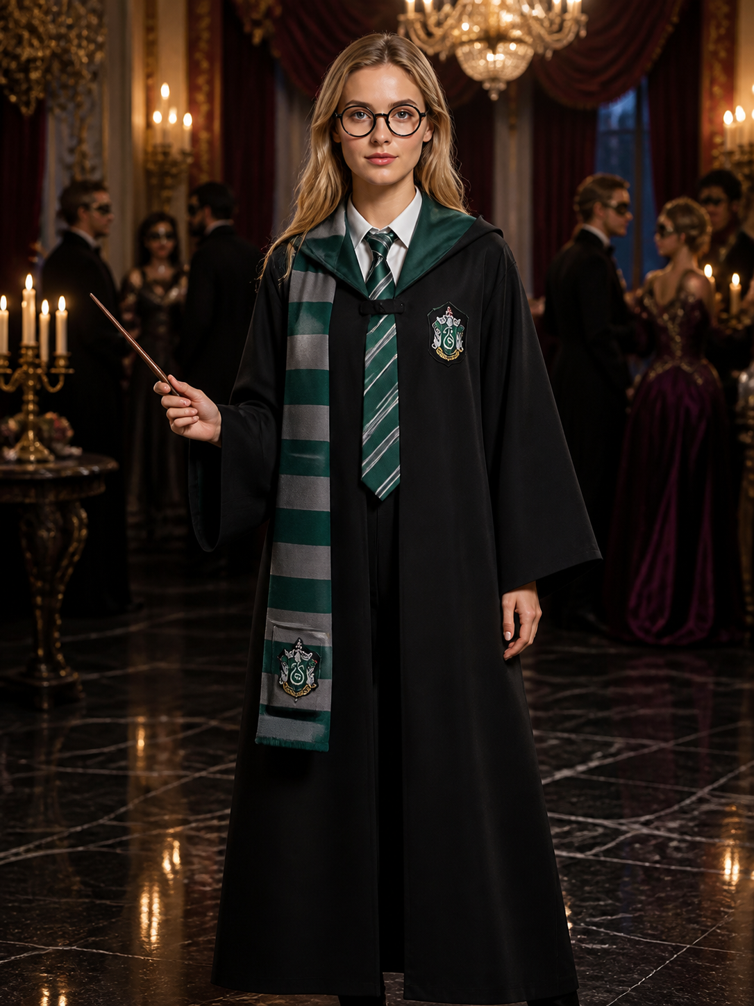 Hooded Wizard Robe Costume Set with Scarf, Tie, Wand and Glasses, Black and Costume Accessories detail