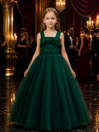 Girls' Dark Green Princess Formal Dress with Layered Tulle Skirt, Bow, and 3D Costume Dresses detail
