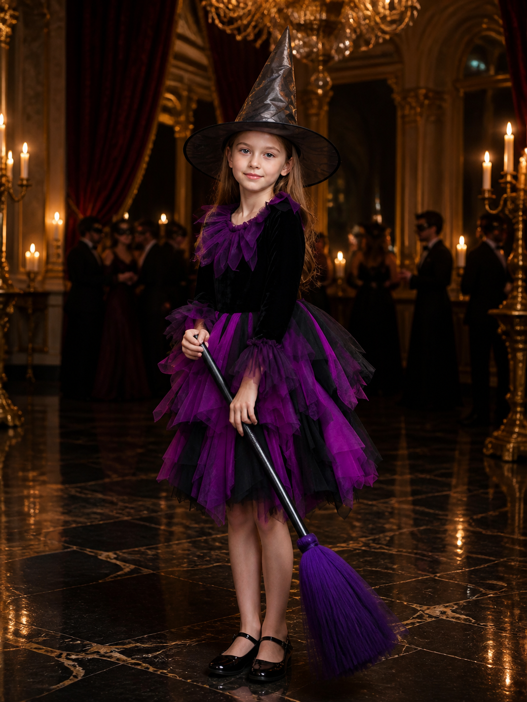 Women's Witch Costume Set, Black & Purple Layered Tulle Dress for Halloween Costume Dresses detail