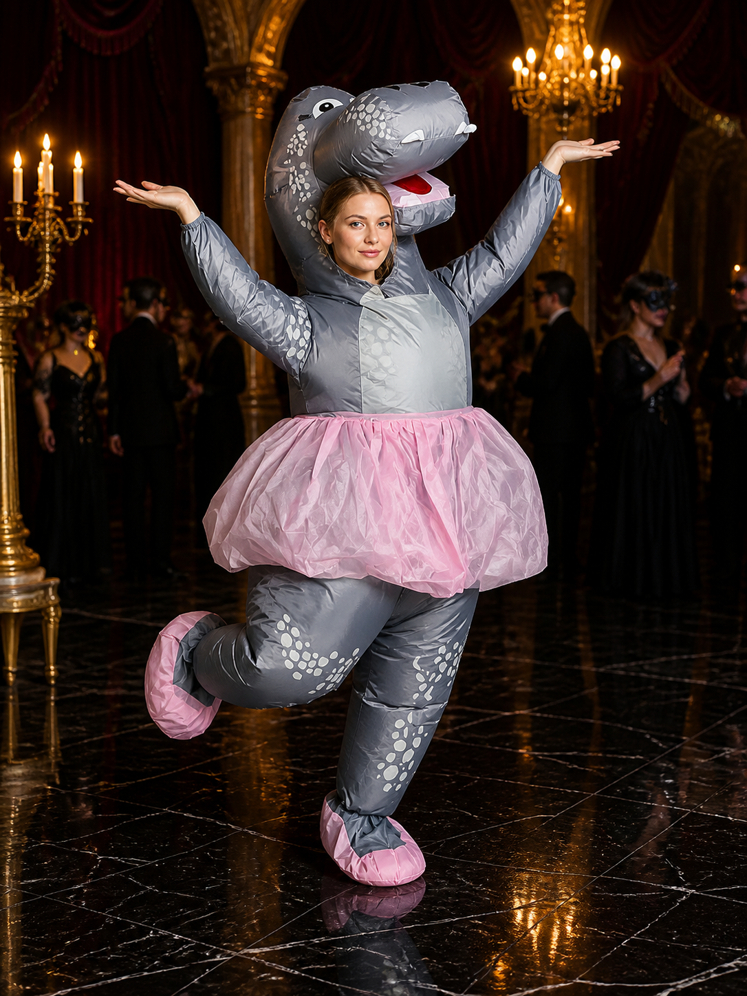 Dinosaur Inflatable Costume with Pink Skirt and White Spots, Funny Halloween Costumes detail