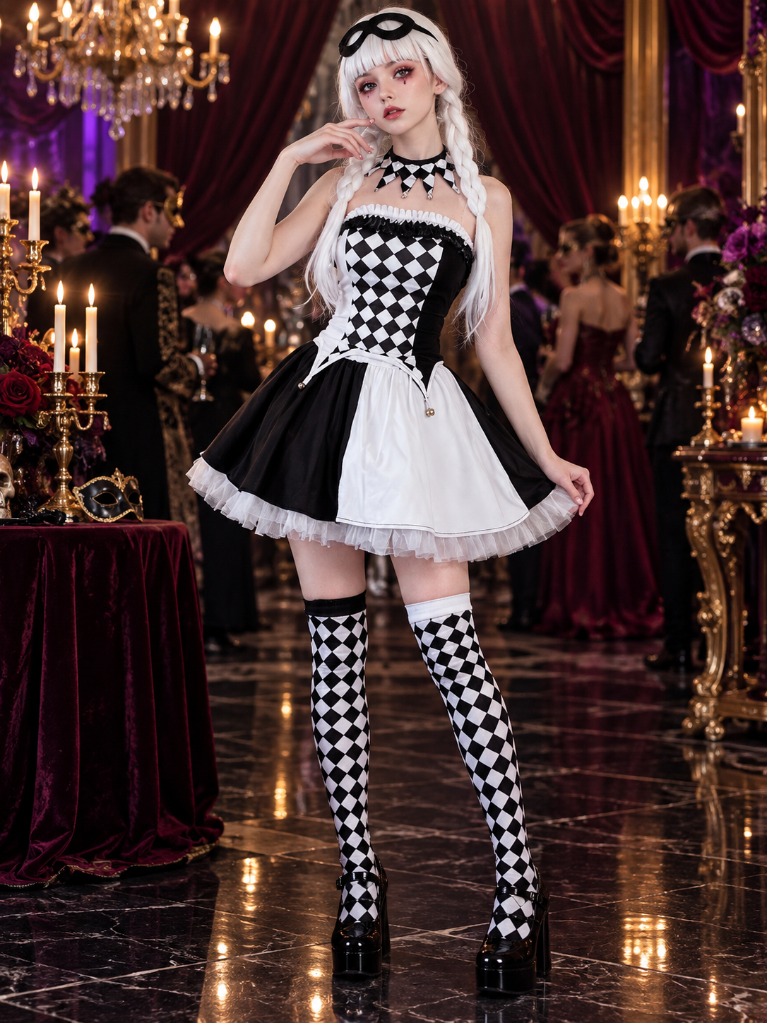 Black and White Checkered Clown Cosplay Carnival Costume