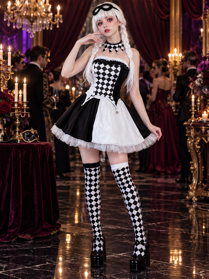 Black and White Checkered Clown Cosplay Carnival Costume