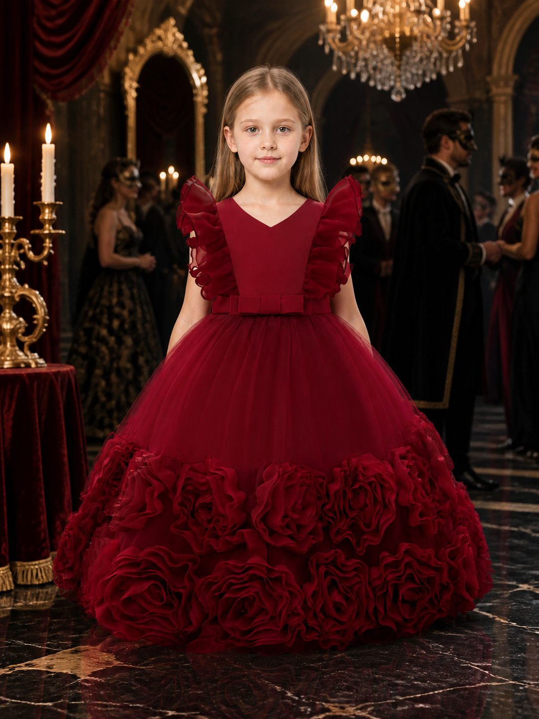 Toddler Girls' Maroon Princess Dress with Tulle Skirt, Rose Details and Bow Belt Costume Dresses detail