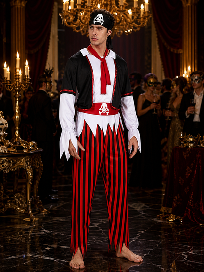 Unisex Pirate Captain Costume Set, Black Red Striped Outfit with Skull Print