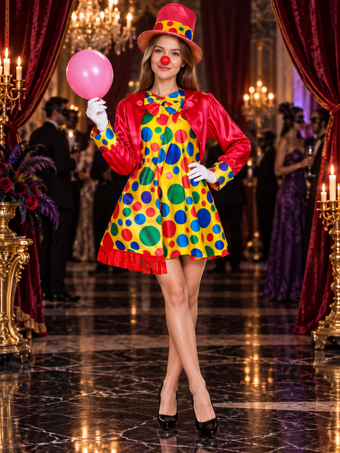 Adult Clown Costume with Dress, Hat, and Cape