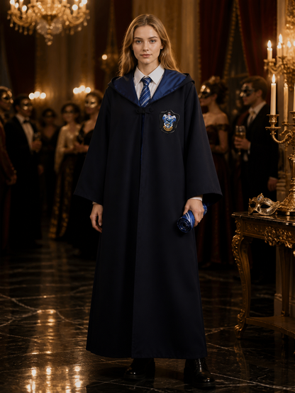 Kids Blue and White Academy Hooded Wizard Robe Costume Set with Tie Costumes detail