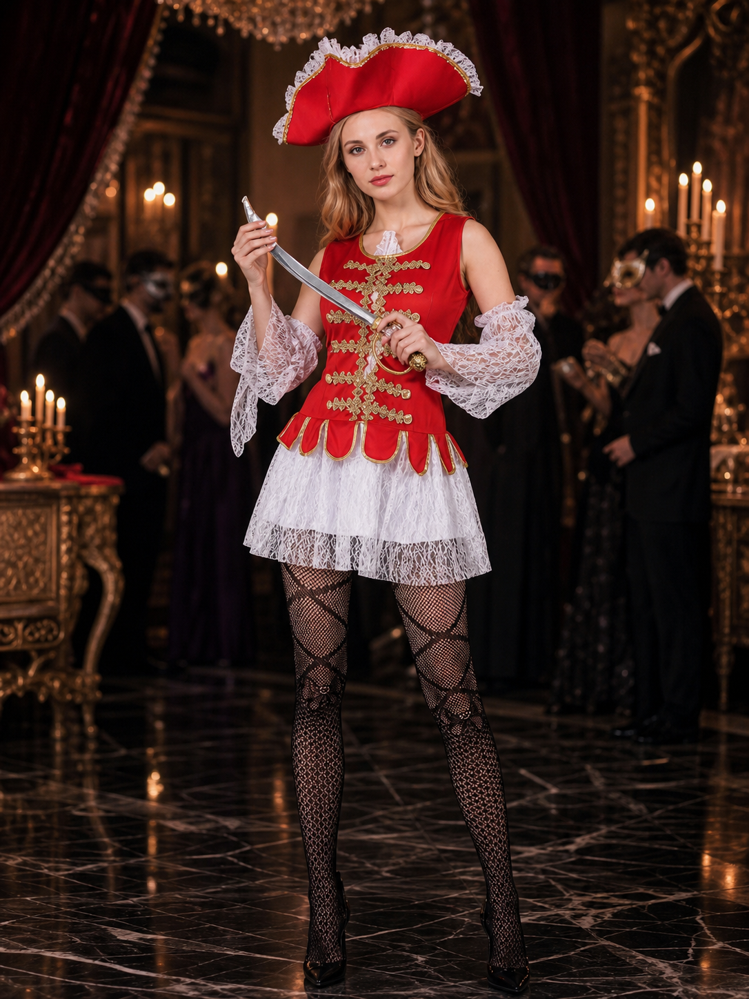 Women's Pirate Costume Set with Red Lace Dress, Hat and Sleeves for Halloween Costume Dresses detail