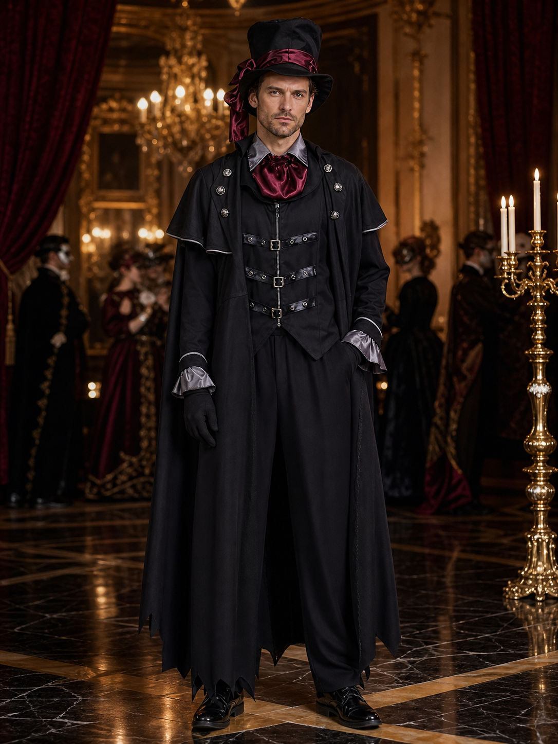 Men's Gothic Wizard Costume Set, Black Cape with Silver Trim, Vest, Top Hat & Costume Capes detail