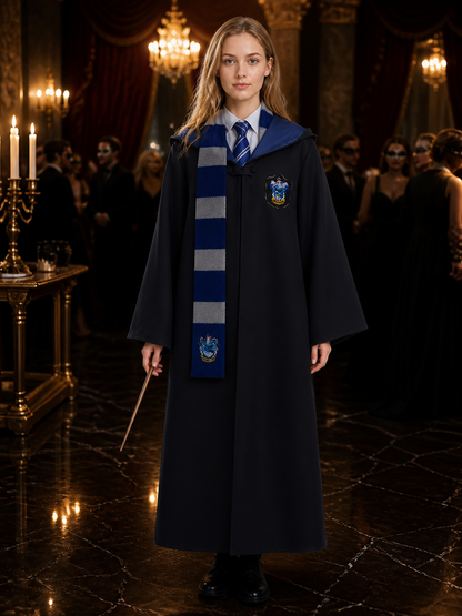 Dark Blue Academic Wizard Costume Set With Robe, Tie, And Scarf Costumes detail