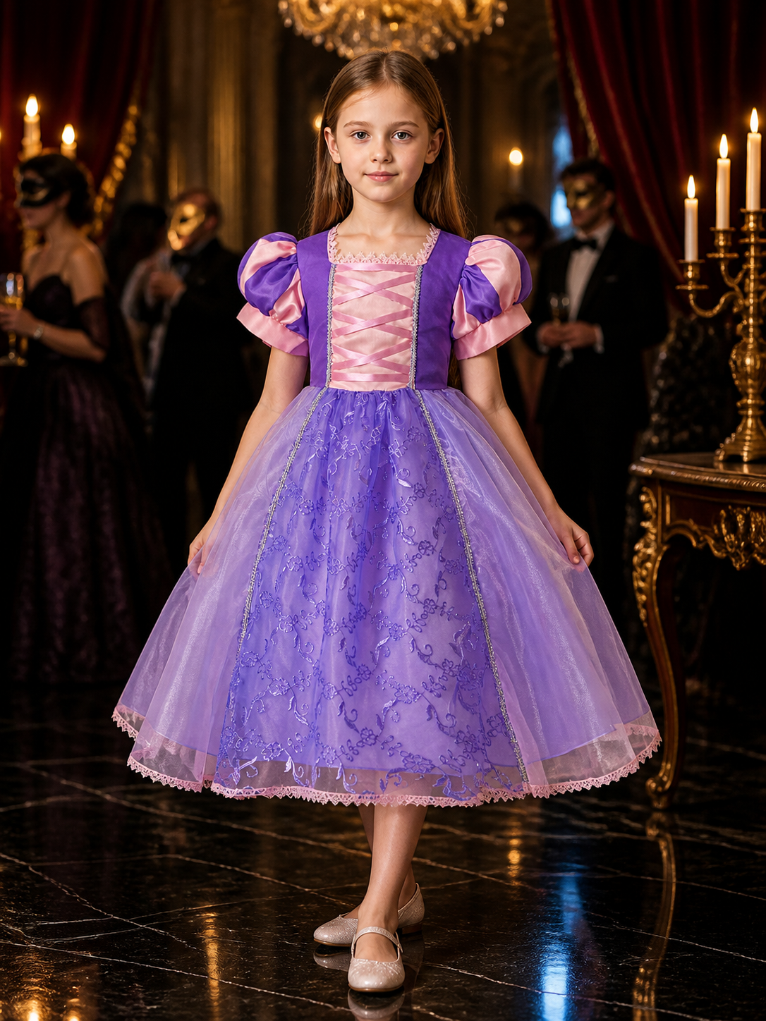Girls' Princess Dress Costume, Embroidered Lace Organza Gown with Puff Sleeves Costume Dresses detail