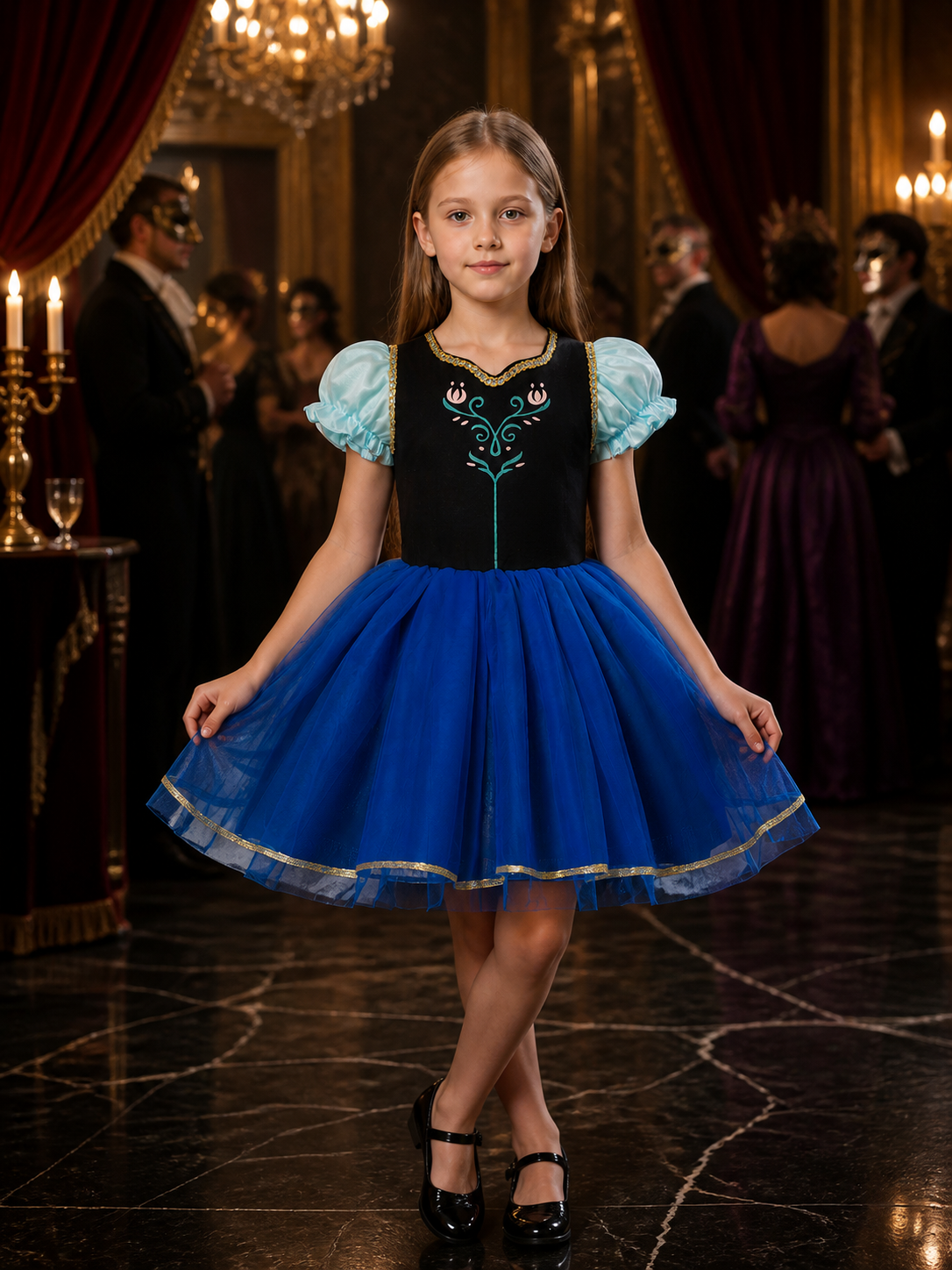 Girls' Blue Princess Cosplay Dress With Floral Embroidery And Layered Tulle Costume Dresses detail