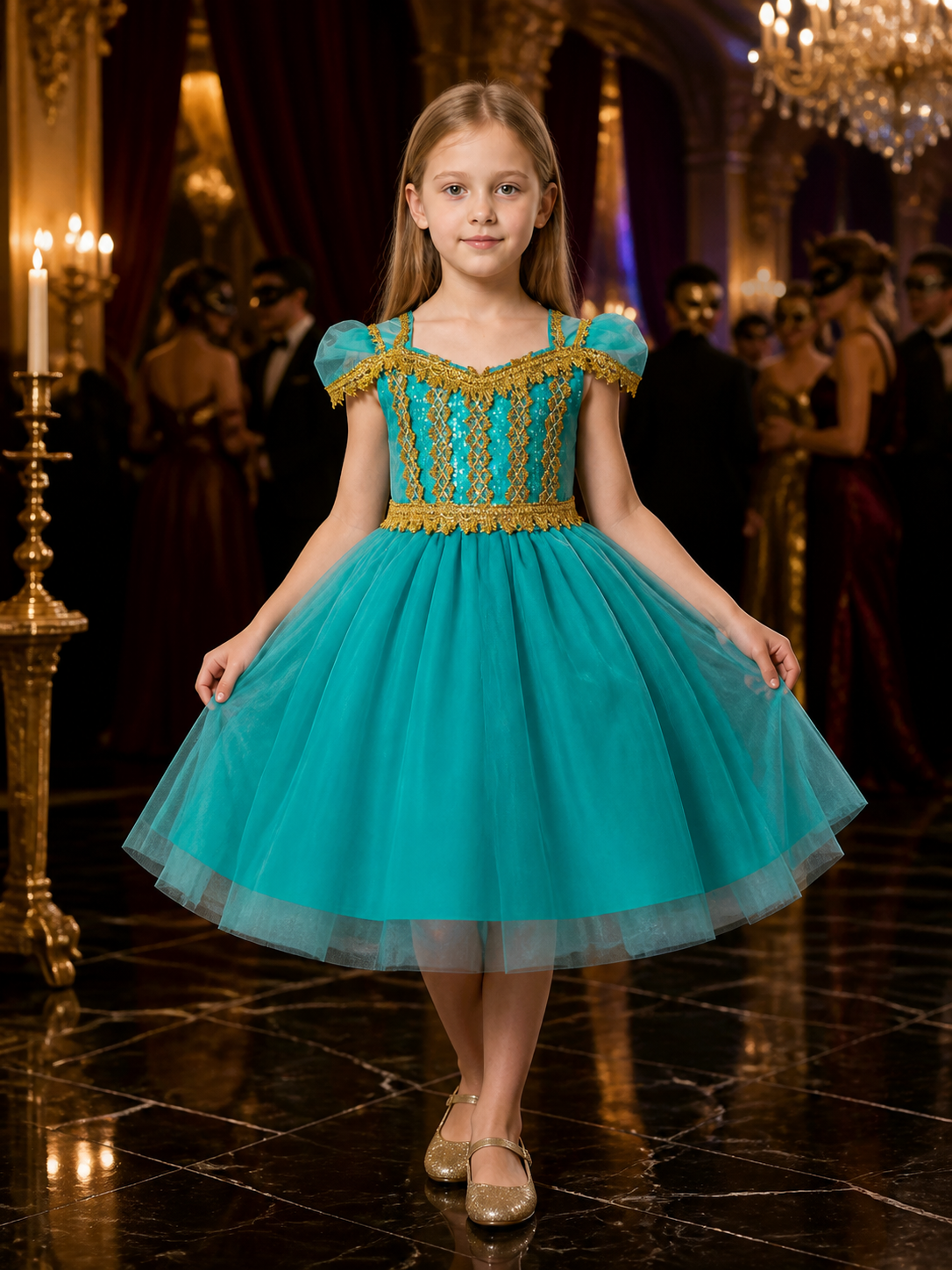 Girls' Princess Costume Dress With Sequined Bodice, Gold Trim And Tulle Skirt Costume Dresses detail