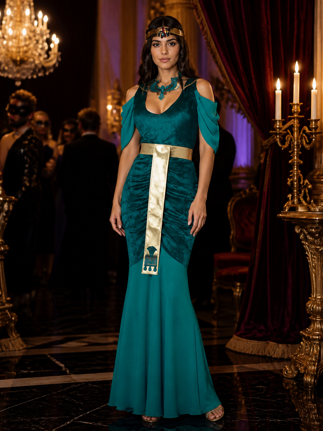 Cleopatra Cosplay Costume, Blue-Green Long Dress with Gold Egyptian Details Costume Dresses detail