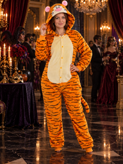 Hooded One-Piece Pajamas with Tiger Stripes