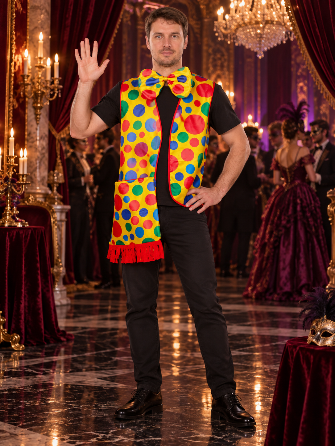 Yellow Clown Vest with Polka Dots and Bow Tie