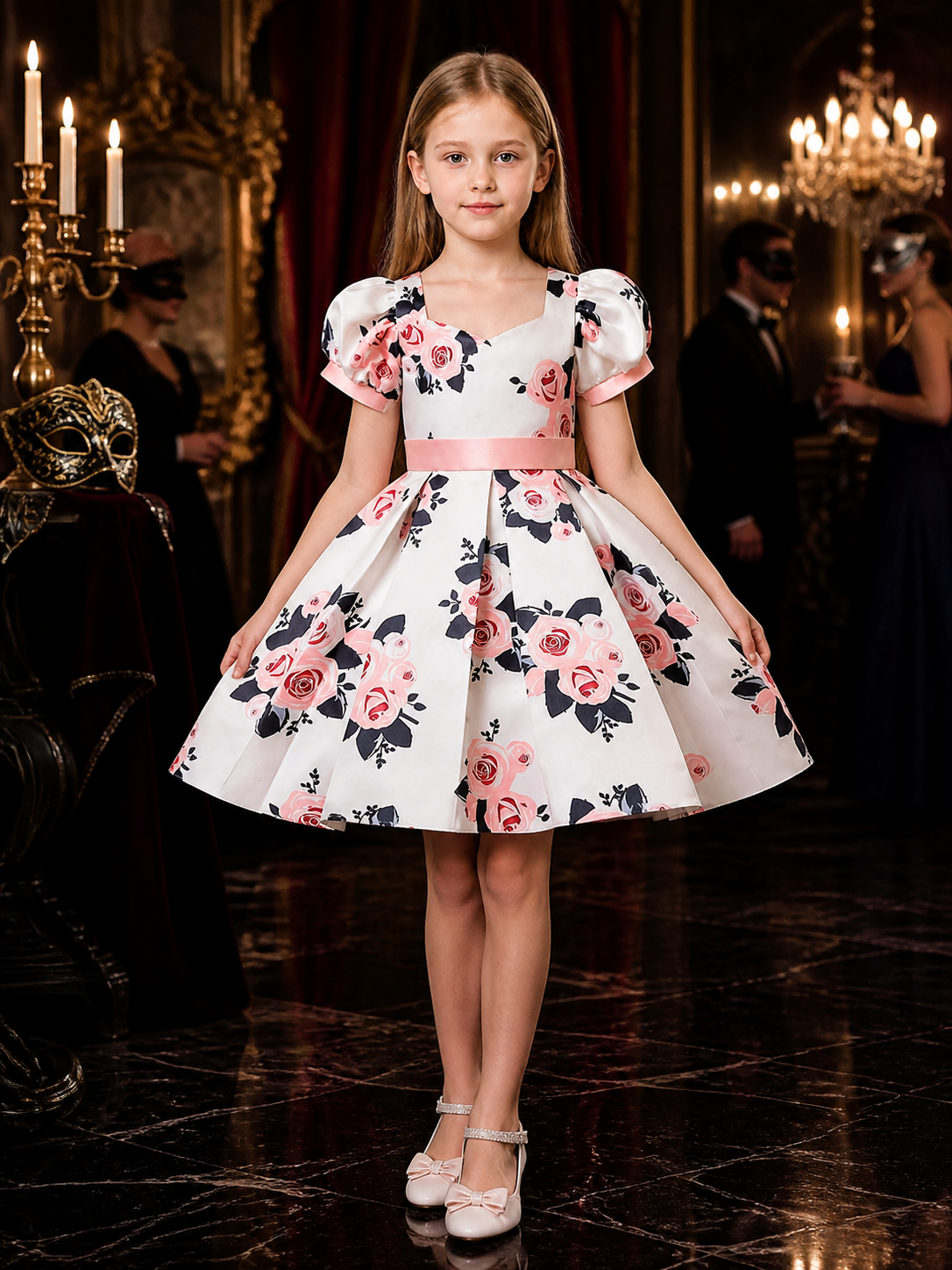 Girls' Princess Dress, White Floral Gown with Puff Sleeves and Pink Waist Belt Costume Dresses detail