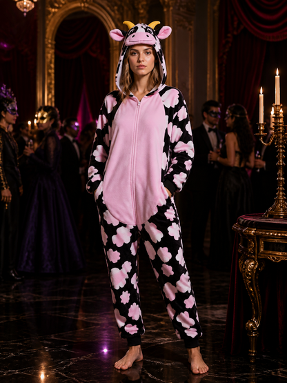 Pink Cow Animal Hooded Jumpsuit with Horns, Ears and Front Zipper product detail