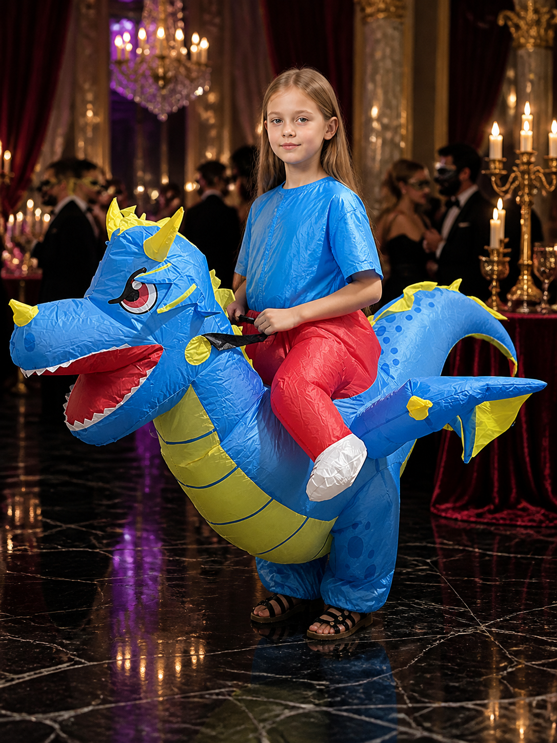 Blue Riding Dinosaur Inflatable Costume with Yellow Spikes, Halloween Funny Costumes detail