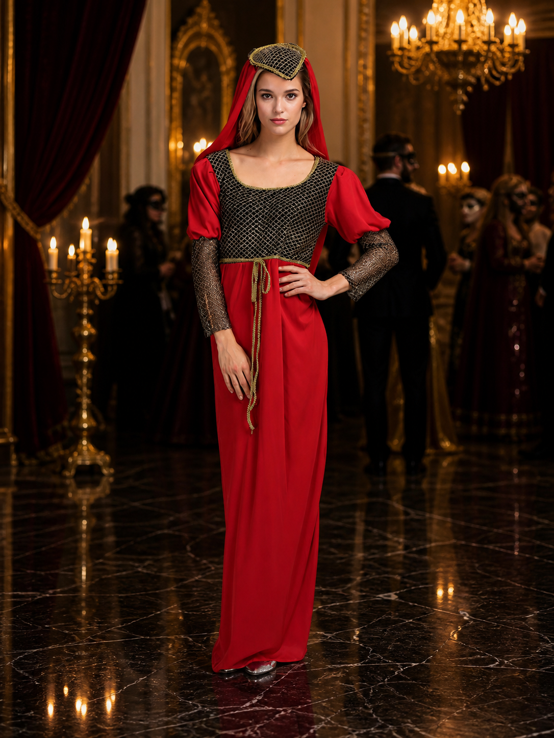 Red Princess Costume Dress with Headpiece, Mesh and Gold Trim for Halloween Costume Dresses detail