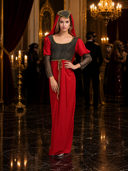 Red Princess Costume Dress with Headpiece, Mesh and Gold Trim for Halloween Costume Dresses detail