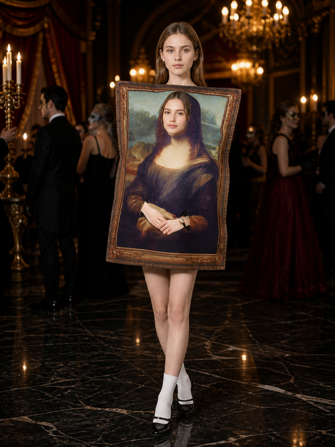 Unisex Mona Lisa Painting Bodysuit Halloween Costume, Funny Retro Parody Costumes detail