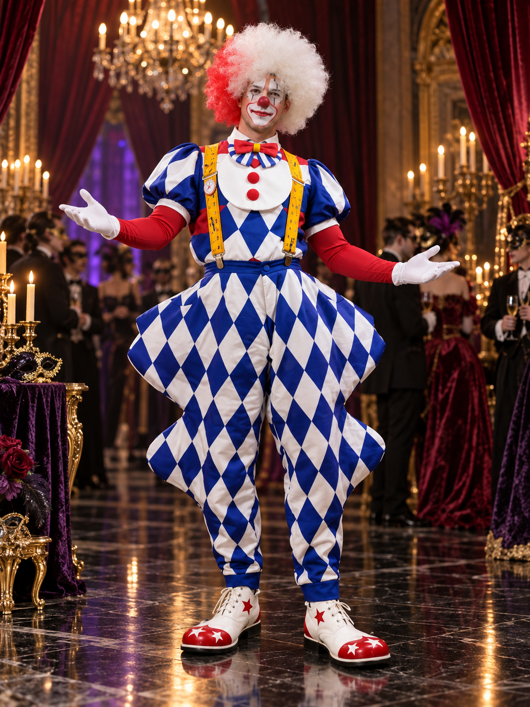 Clown Costume, 6 Pieces, with White Wig and Bow