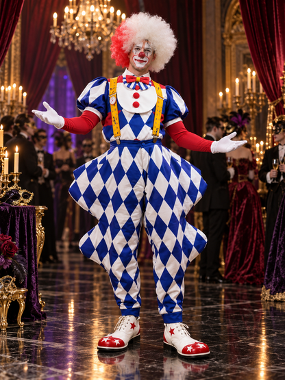 Clown Costume, 6 Pieces, with White Wig and Bow