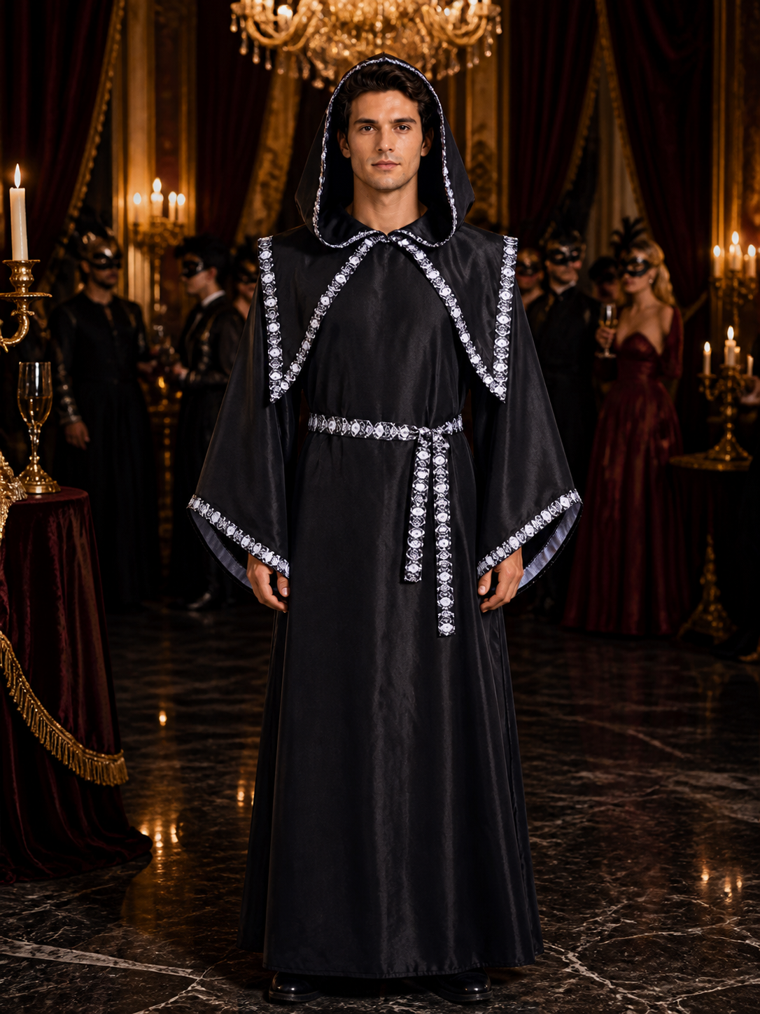Adult Black Wizard Costume Set, Hooded Long Robe With Silver Trim, Cloak And Costume Capes detail