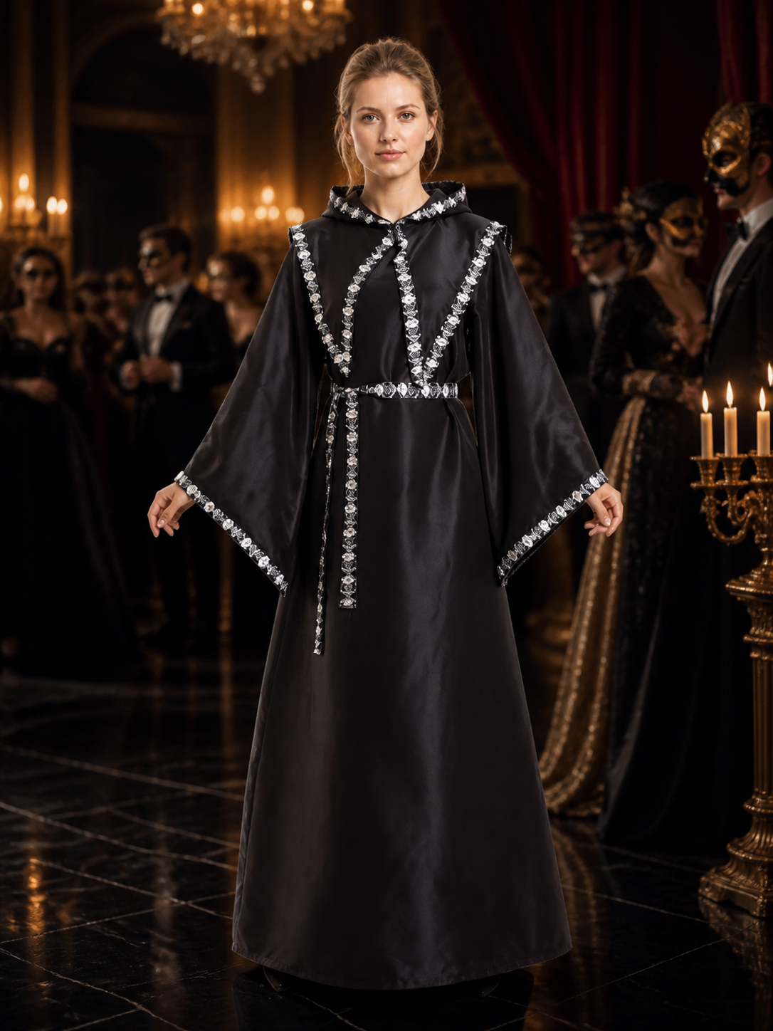 Adult Black Hooded Wizard Costume Set with Silver Trim and Belt, Long Robe Costumes detail