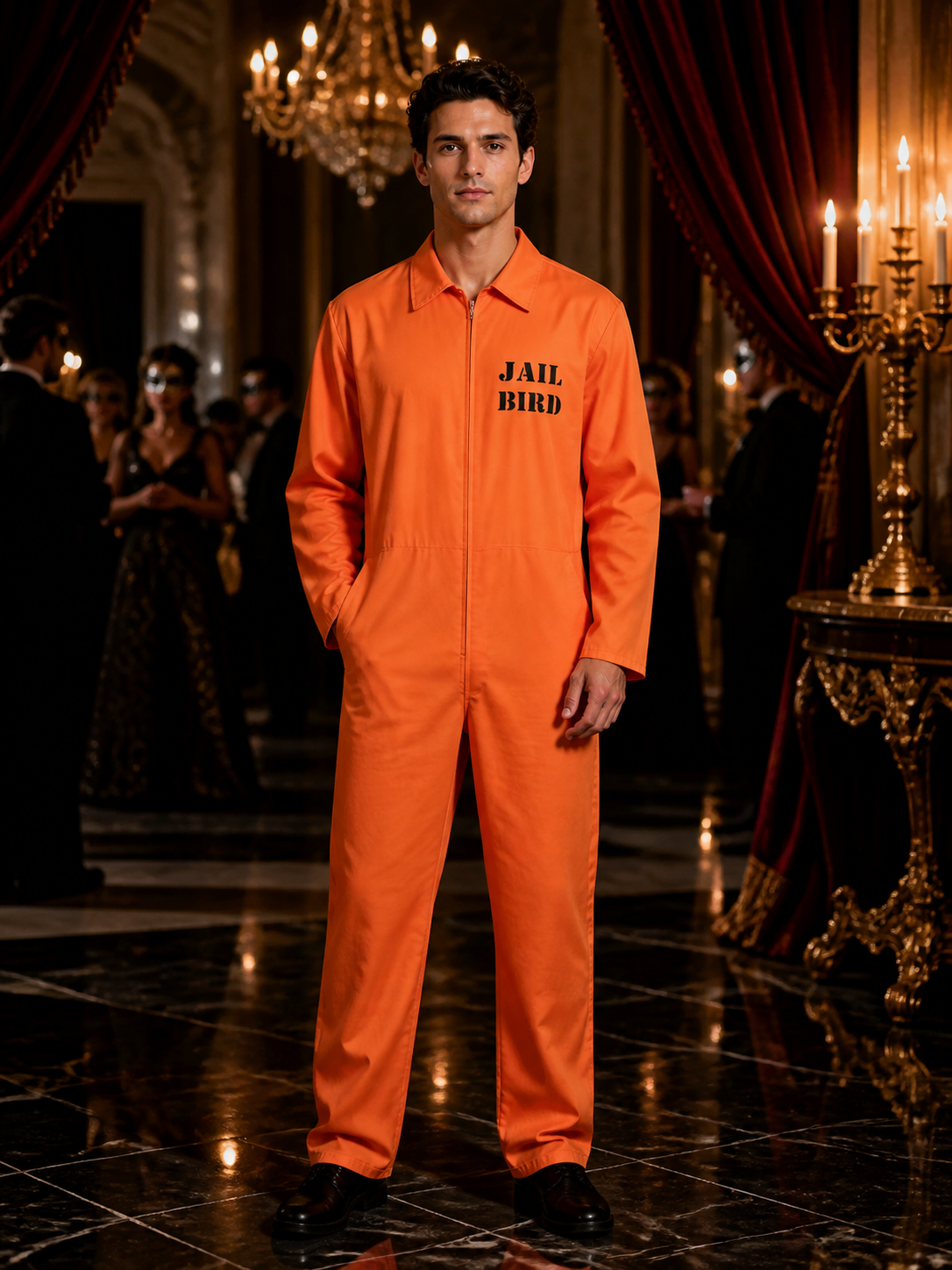 Orange Prisoner Jumpsuit Costume, Collared Long Sleeve Zip-Up Halloween Cosplay Costumes detail