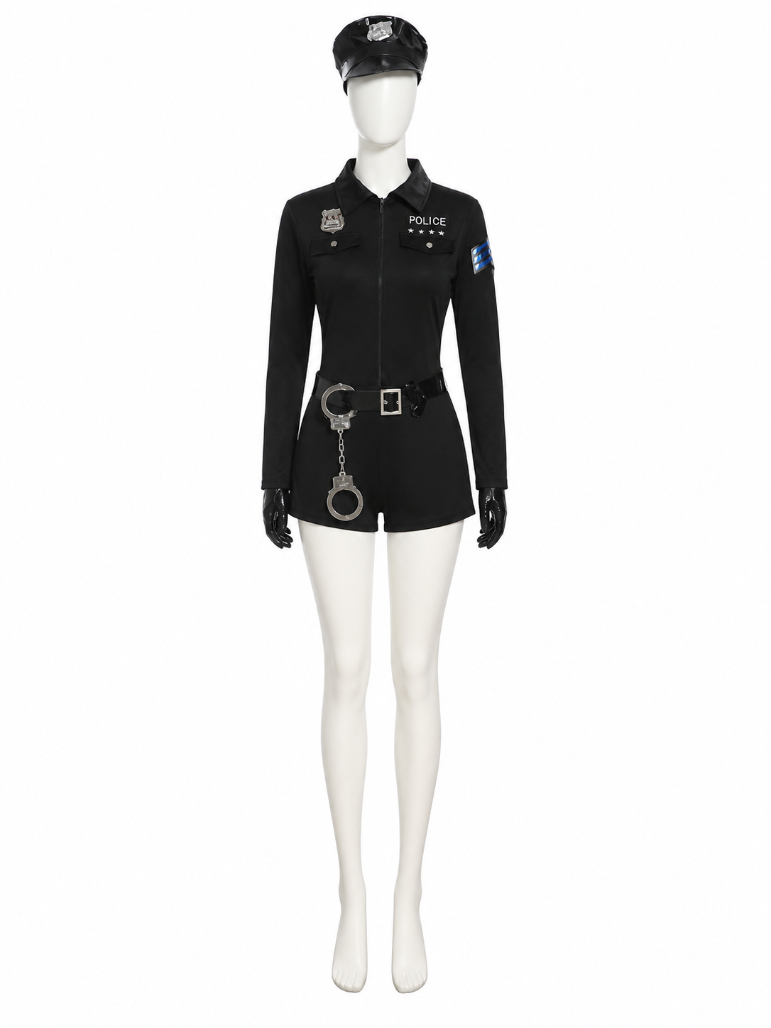Women's Black Police Jumpsuit Costume Set with Hat, Belt, Gloves and Handcuffs Costume Headwear detail