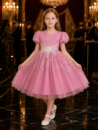 Girls' Snowflake Princess Dress, Puff Sleeves, Layered Tulle Skirt Costume Dresses detail