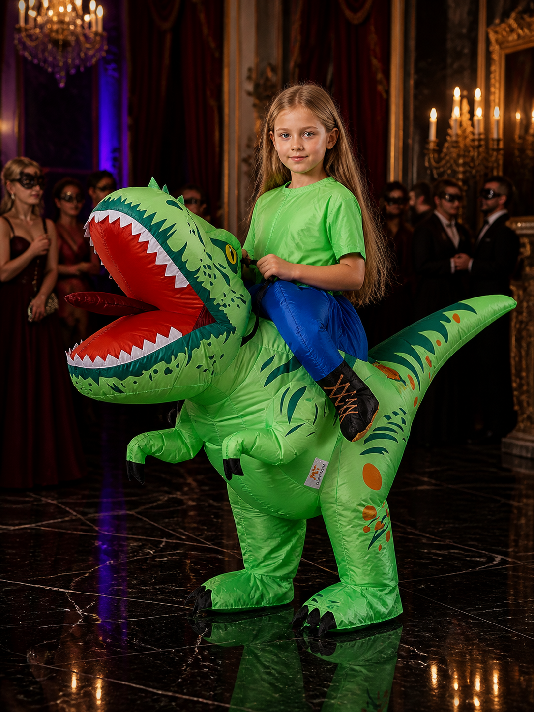 Green Inflatable Dinosaur Jumpsuit Costume with Open Mouth and Long Tail for Costumes detail