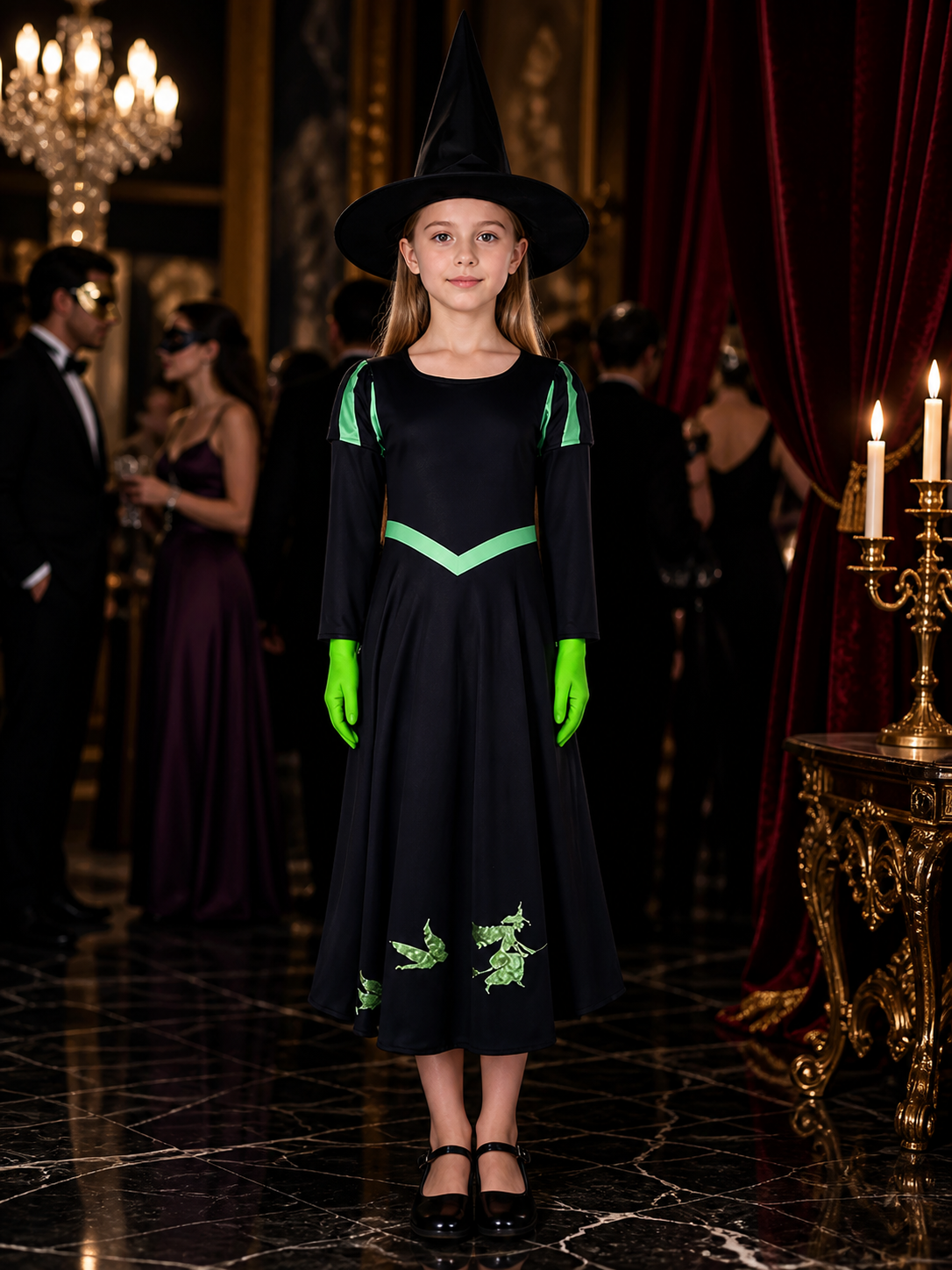 Witch Costume Set With Hat And Gloves, Black And Green Long Sleeve Dress With Costume Dresses detail