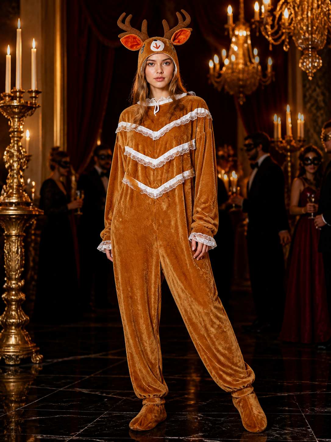 Women's Brown Reindeer Costume Jumpsuit, Hooded Animal Onesie with Antlers Costumes detail