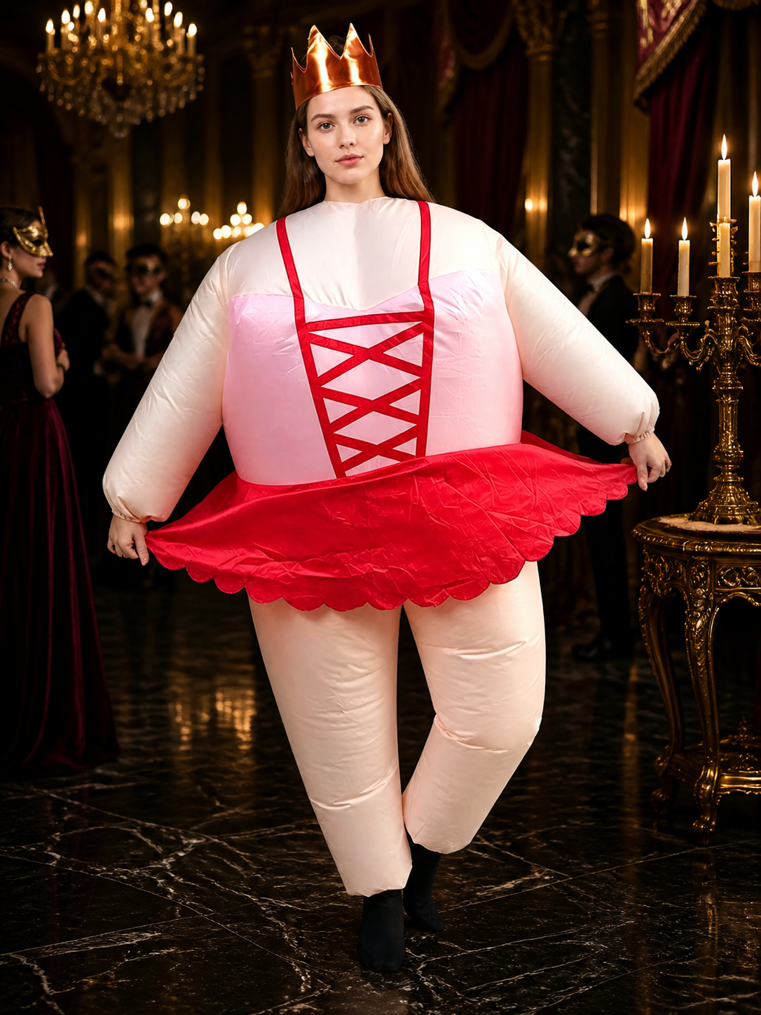 Unisex Red & White Criss-Cross Bodice Costume Set with Crown and Wavy Skirt Costume Headwear detail