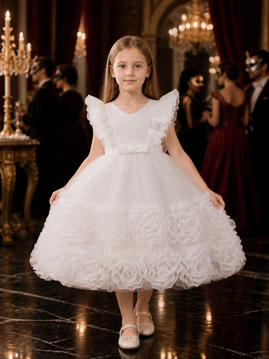 Girls' White Princess Dress, Layered Tulle Party Outfit with Rose Flowers and Costume Dresses detail