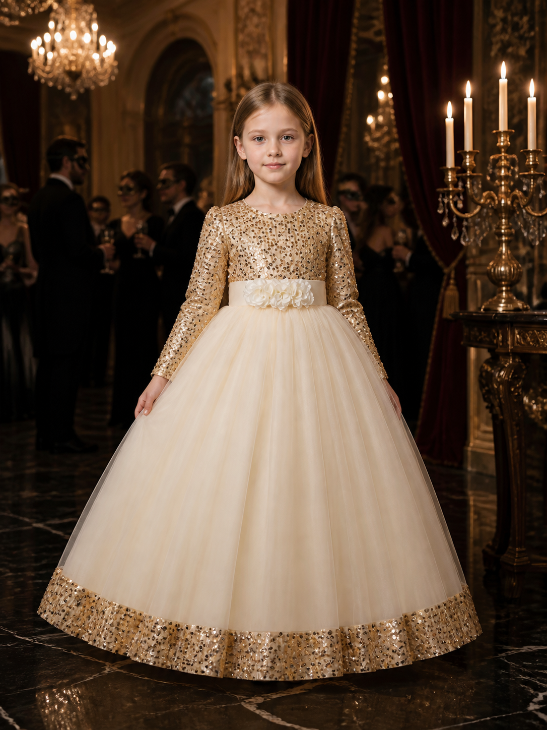 Girls' Champagne Princess Dress, Long Sleeve Sequin Flower Halloween Costume Costume Dresses detail