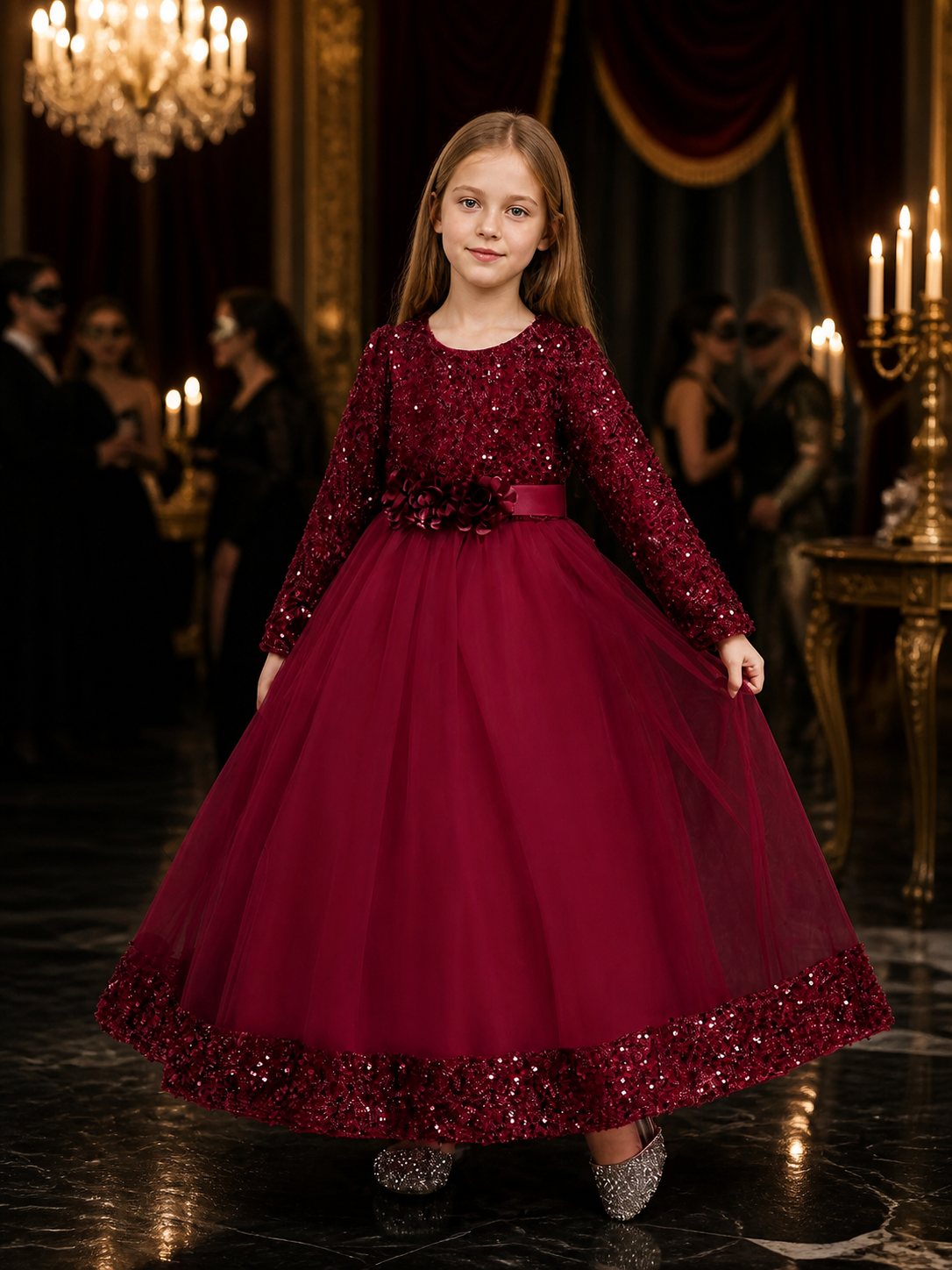 Girls' Maroon Sequined Princess Dress, Long Sleeve Floral Gown Halloween Costume Costume Dresses detail