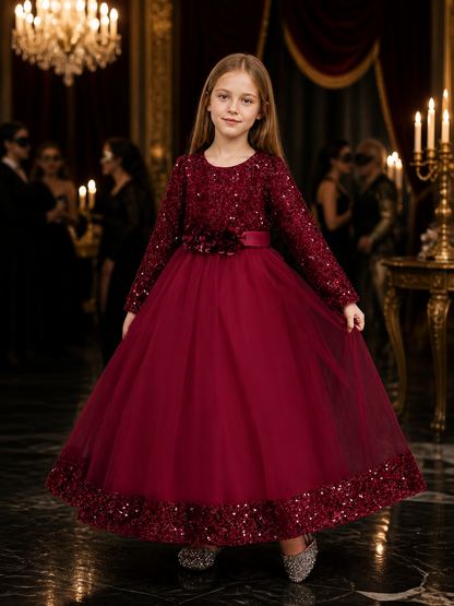 Girls' Maroon Sequined Princess Dress, Long Sleeve Floral Gown Halloween Costume Costume Dresses detail